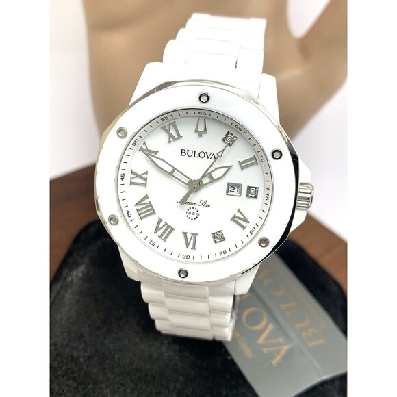 Bulova Women's Watch 98P222 Marine Star Quartz Diamond White Dial Ceramic 36mm